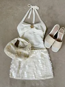 Sleeveless Halter Top + Sequin Skirt Set, Fashion Elegant Slim Fit, Breathable Fabric, Perfect for Beach, Parties, Gatherings
