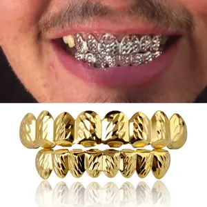 2pcs Set of Hip Hop Rugged 8 Teeth Top and Bottom Grillz for Your Teeth Hip Hop Cosplay Costume Rapper Accessory Masks Golden Oral Cosmetic