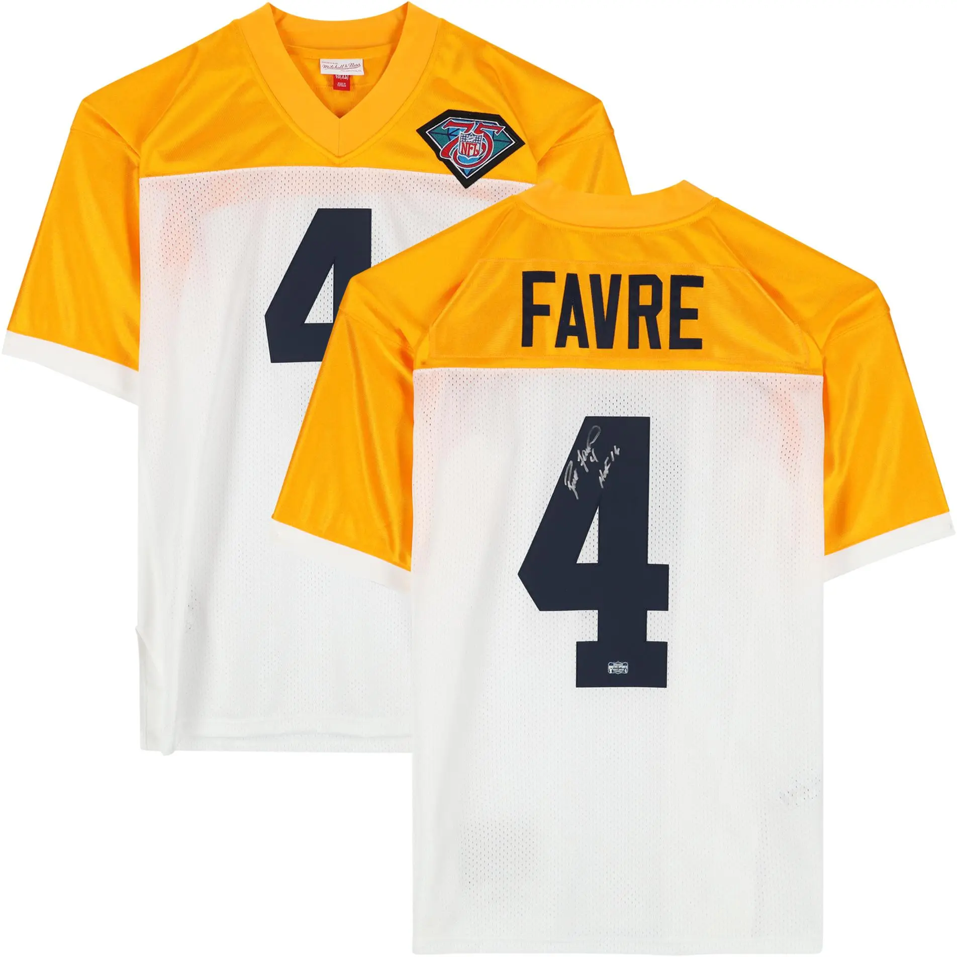 Brett Favre Green Bay Packers Autographed Mitchell and Ness 1994 White Yellow Legacy Jersey with "Hof 16" Inscription - Fanatics Authentic Certified