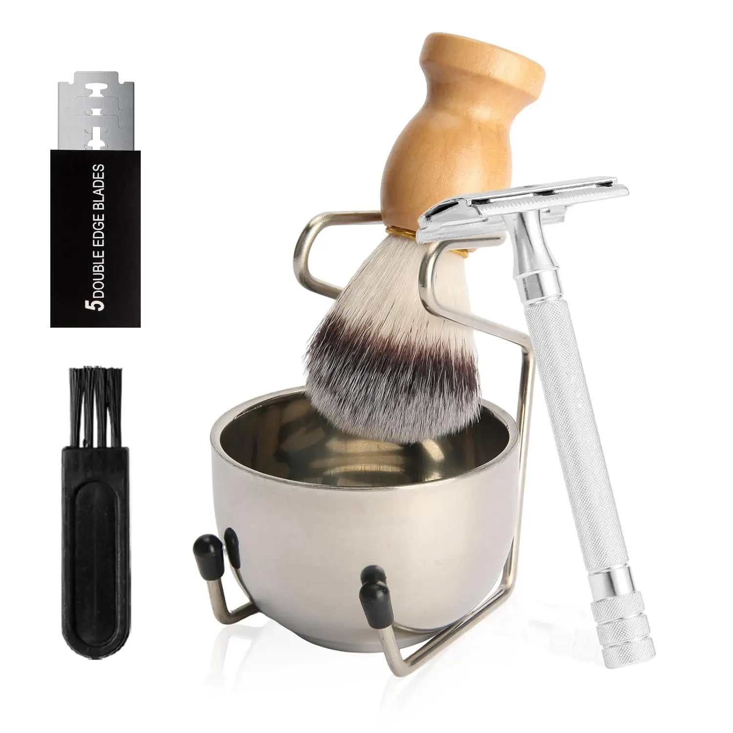 Badger Hair Shaving Brush with Wood Handle,Double Edge Safety Razor,Stainless Steel Shaving Stand and 3 Layers Shaving Bowl Perfect for Men Gift