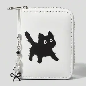 Black Cat Wallet with Cute Hanging Chain Bow and Fish Charm White Purse for Cat Lovers