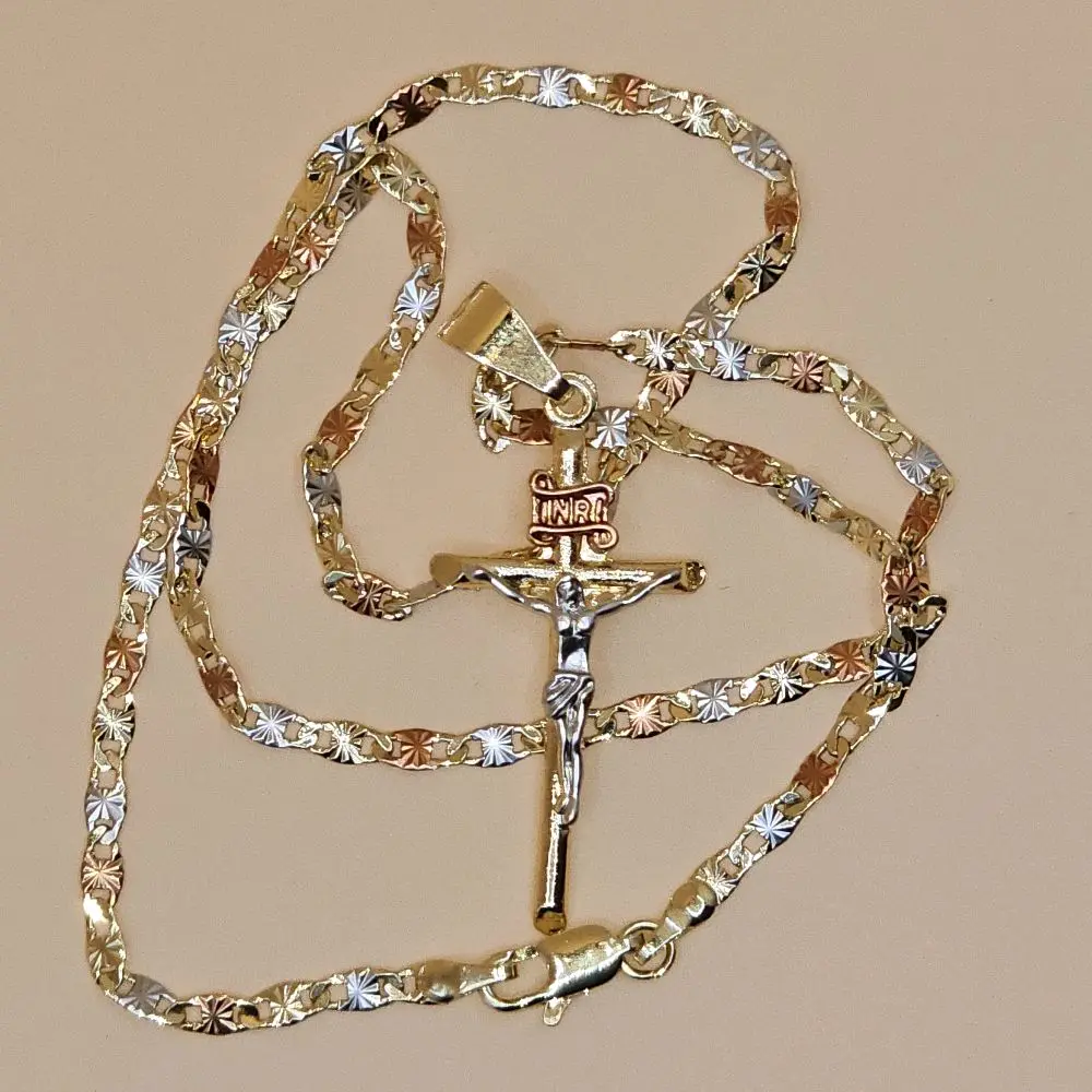 N1-1.3-inch three color crucifix and three color 3mm-17.3-inch chain-gold plated kids accessories-weight 7.2 grams not water resistant