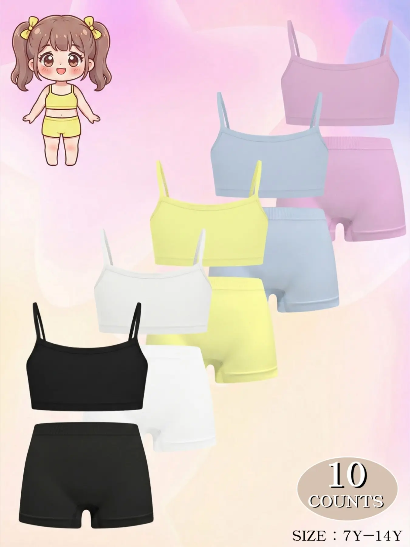 2/6/10 Pcs solid-color girls' camisole bra + boxer briefs set, Tween bras, teen bras, multiple sizes available (7Y-14Y), daily casual wear, comfortable breathable, wearable all year round