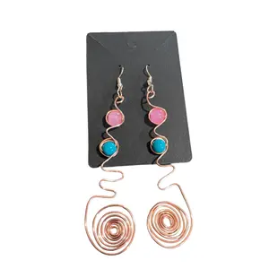 Copper wire/pink/blue bead earrings 2