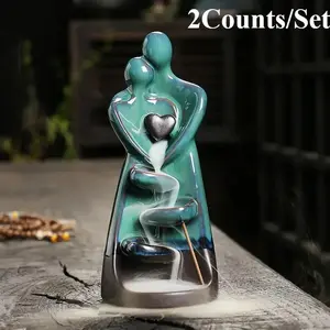 Romantic Couple Design Ceramic Craft Backflow Incense Burner, 2 Counts/set Incense Censer Stick Holder without Incense, Decor Ornament for Living Room Bedroom Office