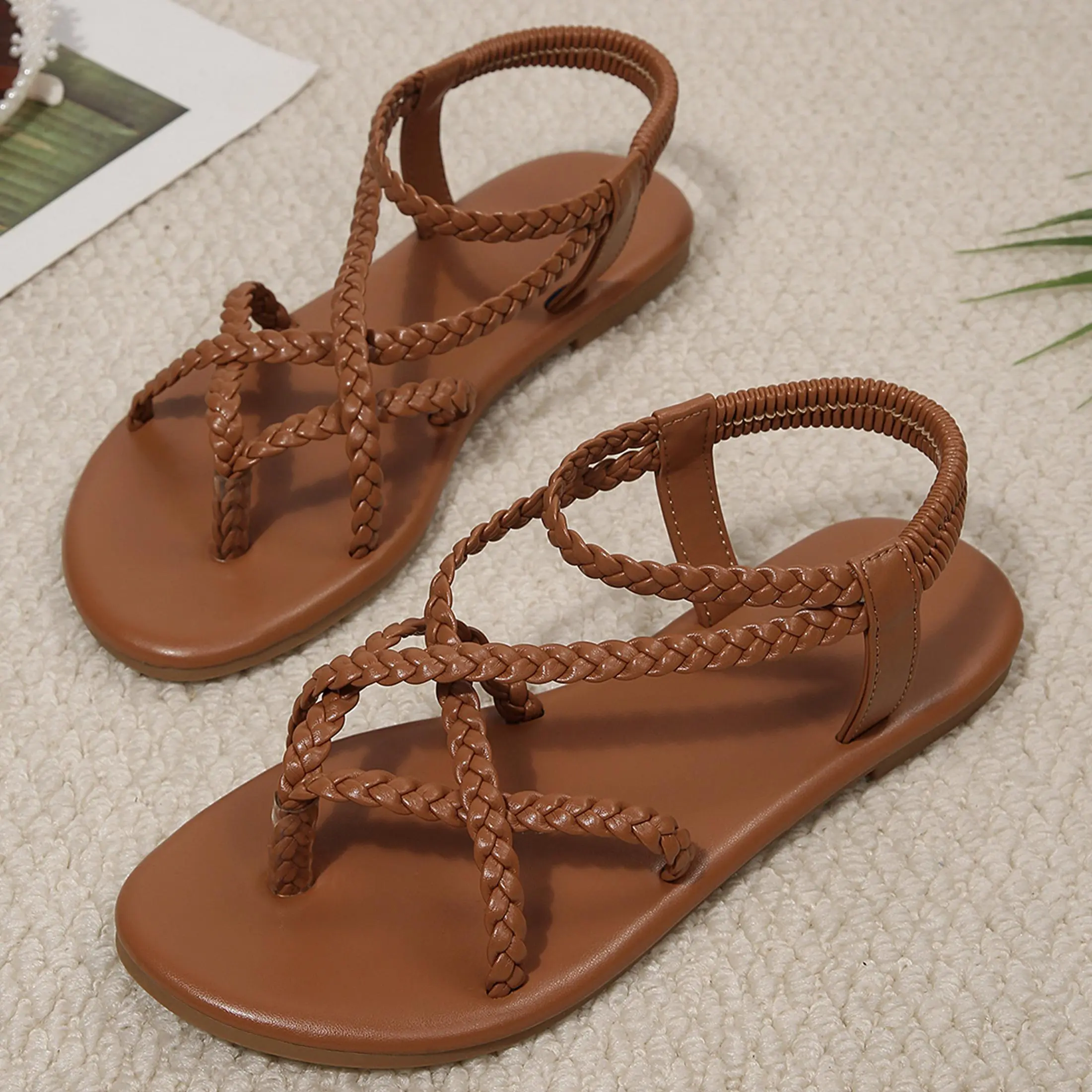 Women's Women Boho Braided Flat Sandals Elastic Ankle Strap Casual Seaside Sandals Island Travel