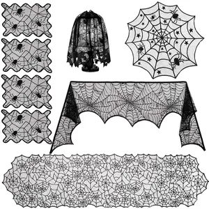 SUNNYGLADE 8-Pack Spooky Spider Web Lace Halloween Decoration Set - Smooth Polyester Anti-Crease Fireplace Mantel Scarf, Lace Table Runner, Round Table Cover, Spider Lampshade, Rectangle Placemat for Holiday, New Year Parties