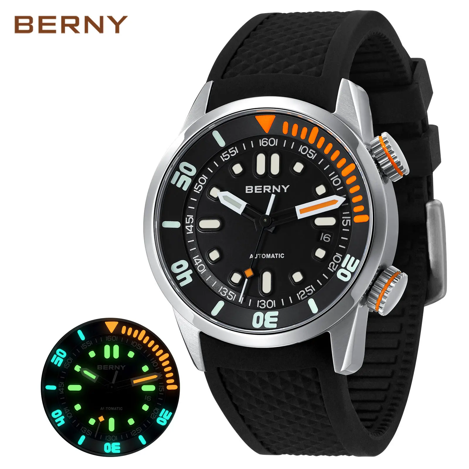 BERNY Automatic Dive Watch for Men, 42mm 316L Stainless Steel Case, Sapphire Crystal, 200M Waterproof, Sturdy Silicone Band, Super Luminous Mechanical Watch, 12 Months Warranty, Reloj de Hombre, Father's Day Gift, Men's Summer Accessory