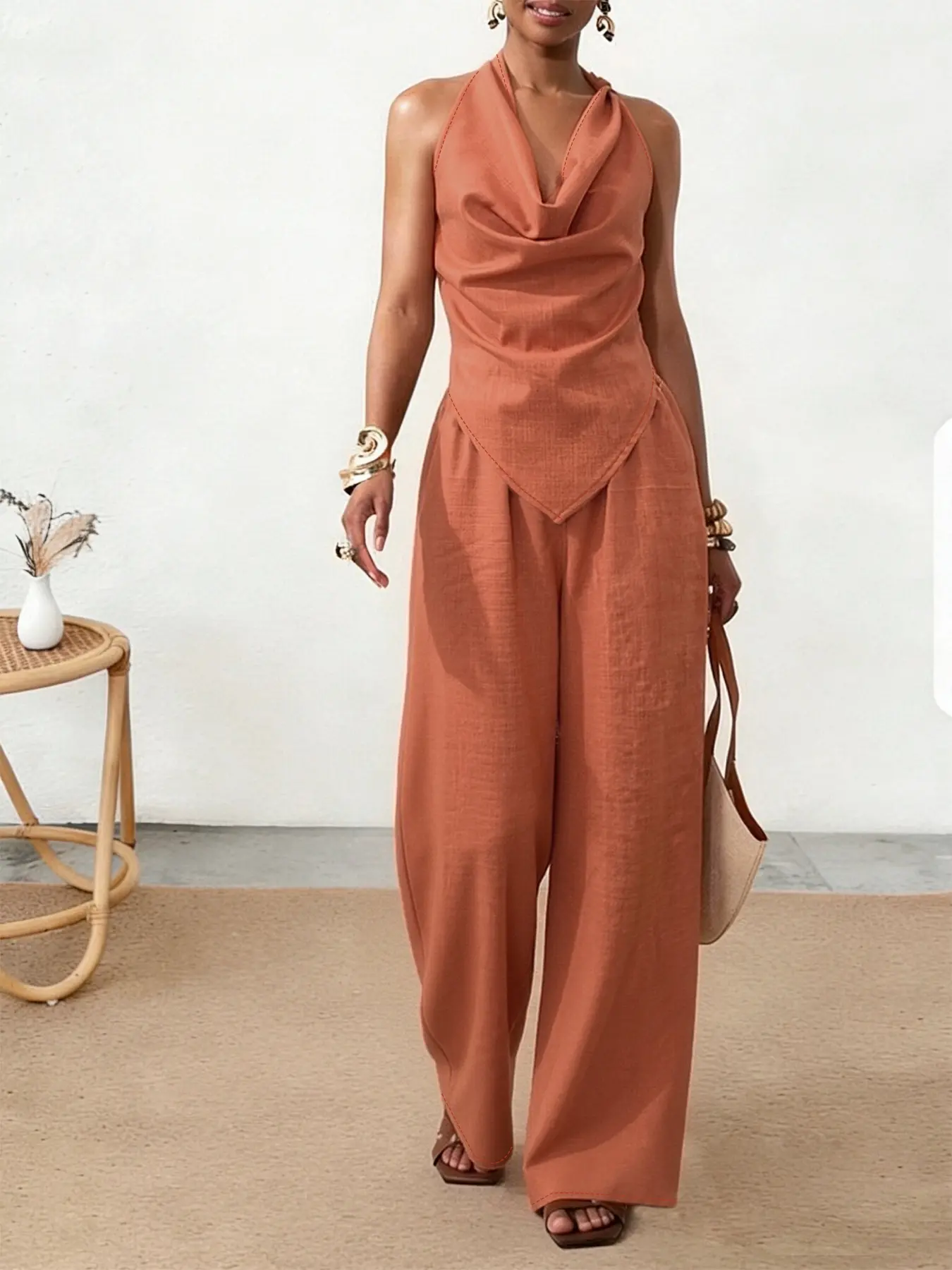 Women's Chic Boho 2-Piece Clothing Set - Sleeveless Halter Neck Backless Asymmetrical Look Top, Crinkle Texture Polyester Wide Leg Pants, Casual Solid Plain Resort Vacation Wear, Fitted Comfortable, Dry Clean Only
