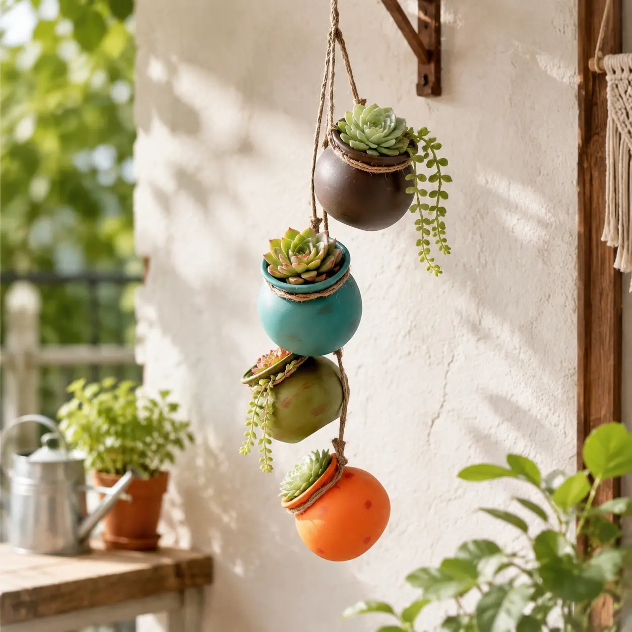Dangling Southwest Desert Color Ceramic 4 Pot Set, Wall or Ceiling Mount Hanging Mini Flower Planters Dangling Southwest Desert Color Ceramic 4 Pot Set, Wall or Ceiling Mount Hanging Mini Flower Planters