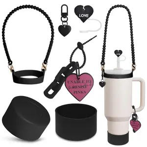 1 Set Silicone Cup Accessories Set, Heart-shaped Keychain Pendant, Straw Cap, Hand-held Rope, 1 Handle with Anti Drop Cover