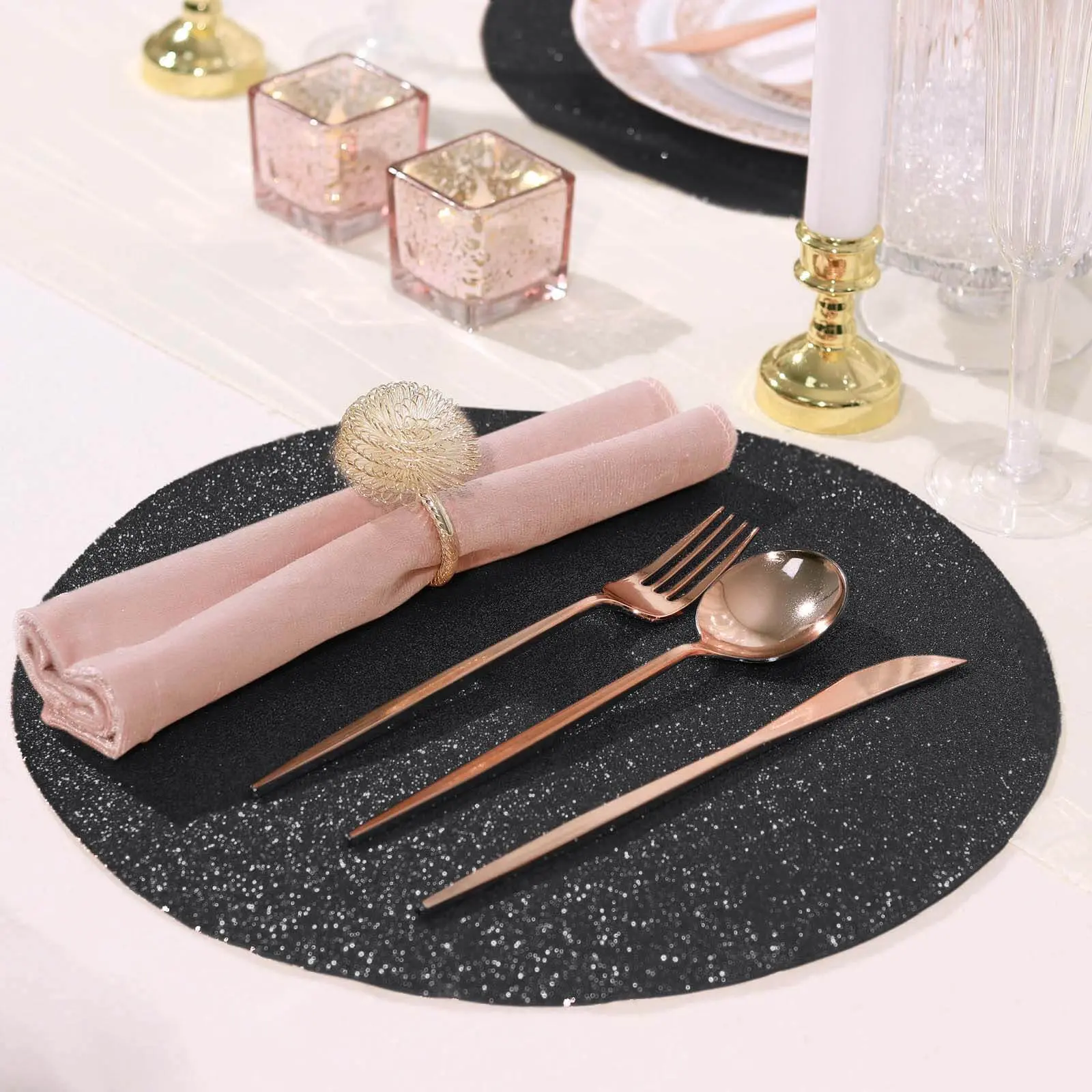 Glam 6-Pack Round Glitter Black Sparkle Placemats - Non-Slip Kitchenware, Coasters Compatible for Dining & Coffee Tables, 13" Diameter, Hand Washable