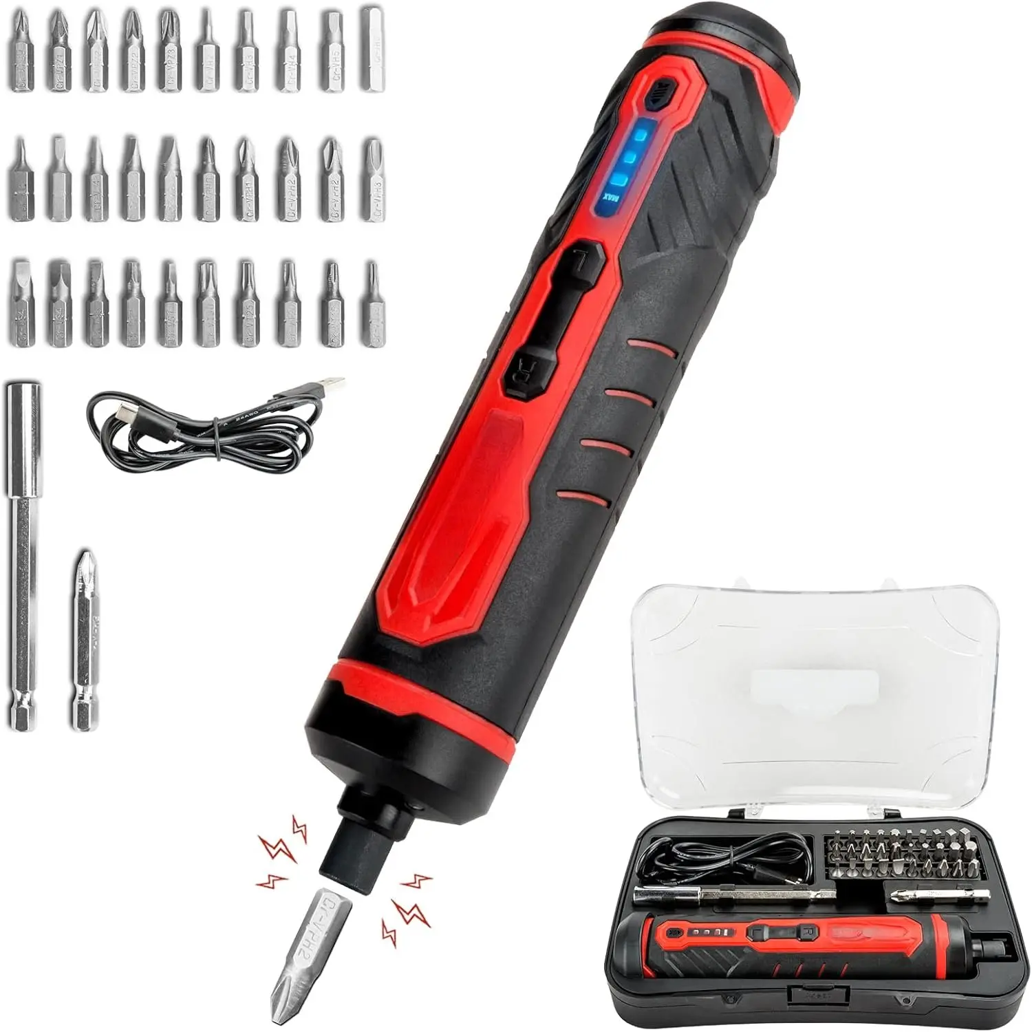 Electric , 4V Power Cordless  Rechargeable Set with Li-ion , 31 Bits&Extension Rod, 3 LED, 3 Adjustable Torque,  Hex Chuck, Mini Electric Screw driver Kit