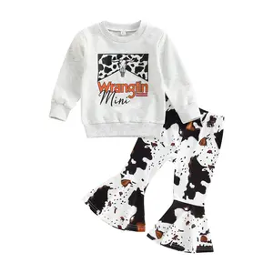 Western Baby Girl Clothes Long Sleeve Cow Print Sweatshirt Letter Print Top Cow Spot Flared Pants 2PCS Fall Winter Outfits