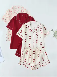 Romantic Heart Floral Print Pajama Set for Girls, Cute Short Sleeve Top & Shorts, Comfortable All-Season Home Wear, Soft Casual Pajamas, 6-Piece Casual