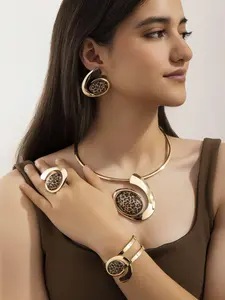 Elegant Leopard Print, 5-Piece Necklace Earrings Ring Bracelet, Vintage Style Accessories for Women, Fashionable Matching Jewelry Set