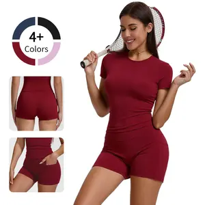 Women's 2 Piece Casual Sport Yoga Outfits - Solid Color Short Sleeve Top & High-Waist Shorts, Workout Matching 2 Piece Sets for Women, Ideal for Yoga, Fitness