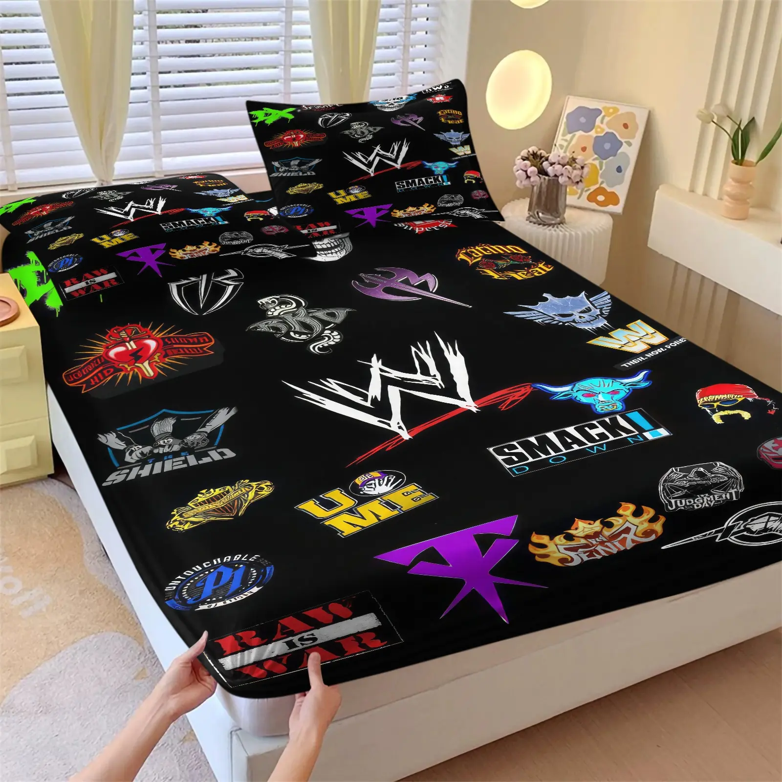 3-piece WWE themed Bedding set, hot blooded style Fitted Sheet Set  for wrestling events, event names such as "SMACK DOWN" and "RAW IS WAR", including 1 Fitted Sheet and 2 pillowcases, Bedsheet Set, Bed Sheets Set, Soft Bedding Sets, Printed Bedding Set