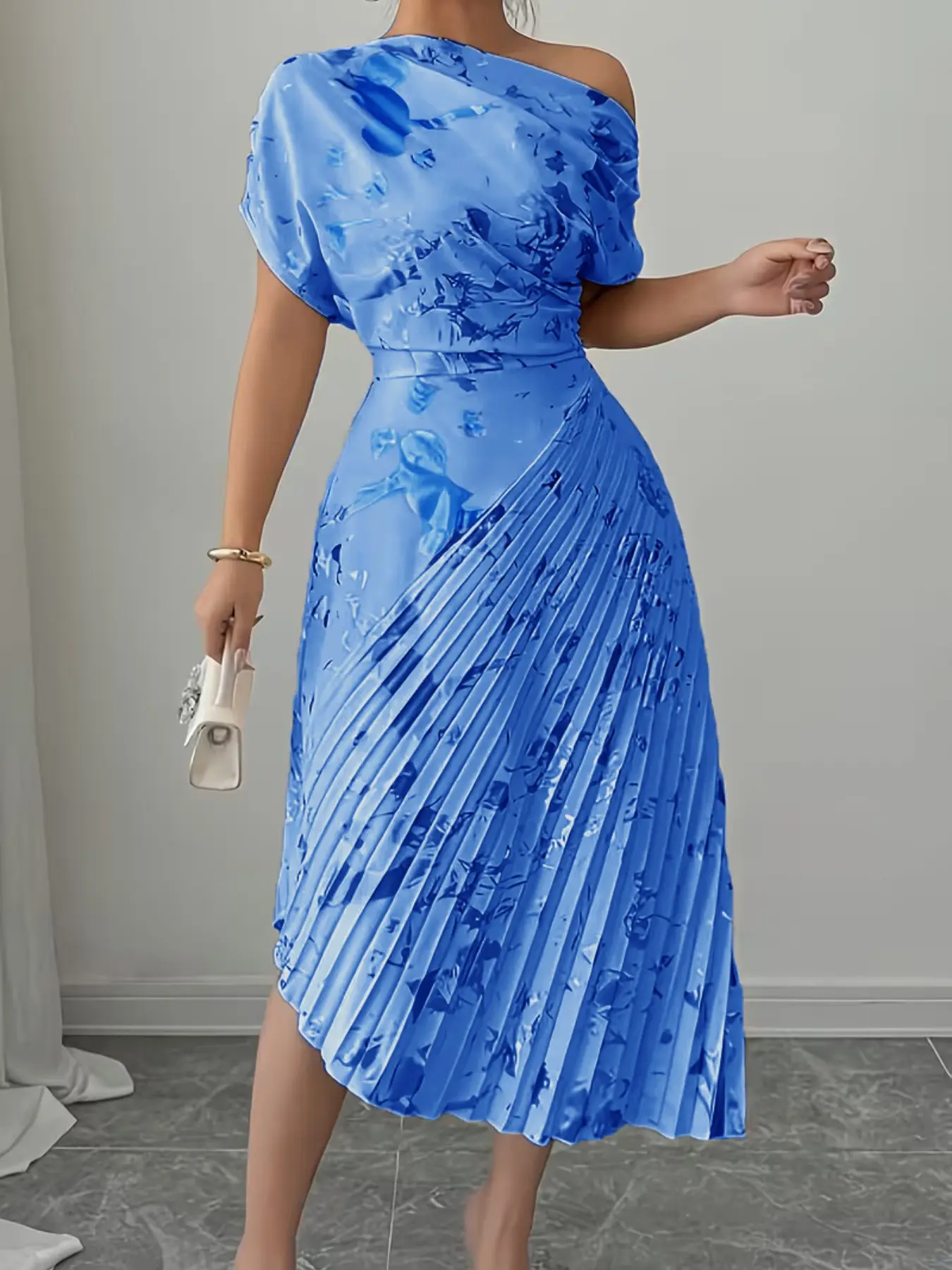 Fashion Women's Dress, Womenswear Asymmetrical Neckline Embellished Fitted Print Midi Dress, Elegant Formal Dress, Elegant Party Dress, Pleated Irregular Hem, Perfect for Parties, Vacation, Outdoors