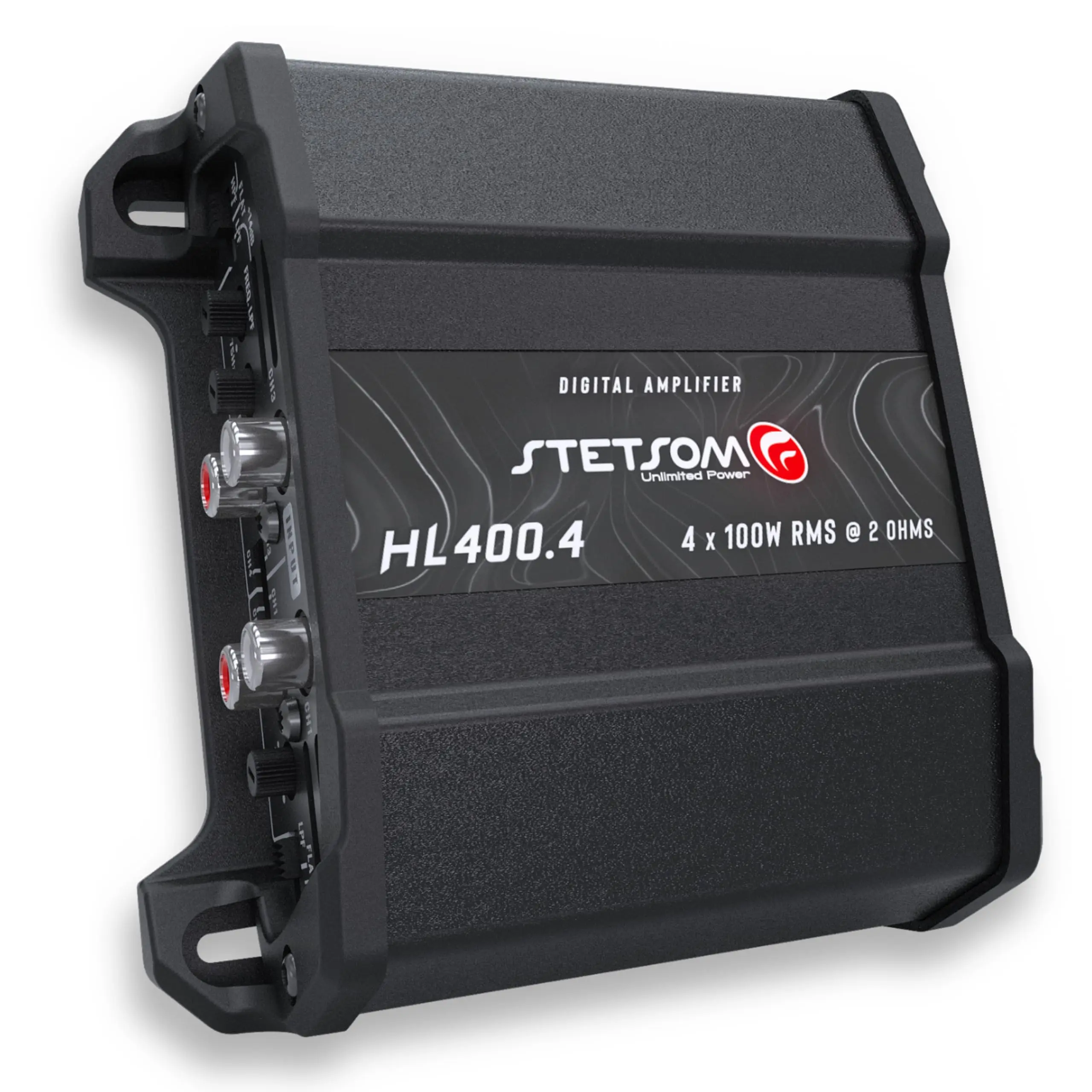 Stetsom HL 400x4 2 Ohms Compact Digital 4-Channel Amplifier - 400W RMS, Full Range, High Input, Bass Boost Gain +14dB (30-75Hz Variable Adjustment), Multichannel Digital Sound, Crossover, Connector, Remote, 6Mm² Power / Ground