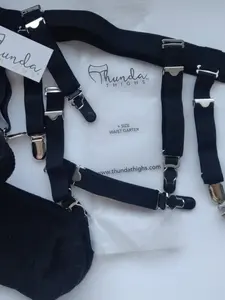 Thunda Thighs - Black Waist Garter with Adjustable Velcro Closure & 4 Grip Teeth Suspender Clips - 2 Sets for Comfortable Fit