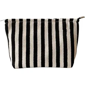 Striped Canvas Travel Makeup Bag - High Capacity Toiletry Pouch With Zipper Closure