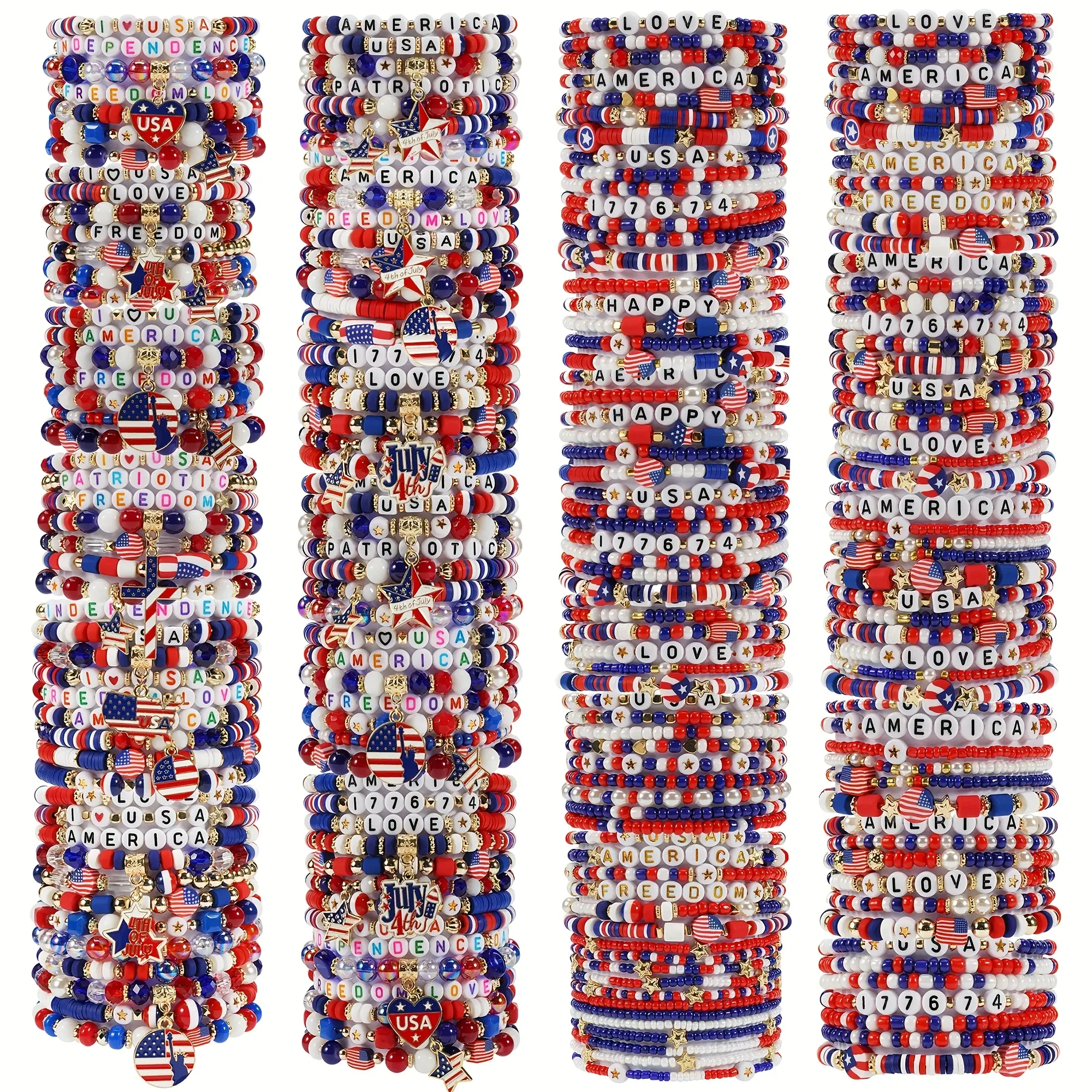 20-30Pcs Independence Day Polymer Clay Stretchy Bracelets Set for Women - Red Blue White, Flag Star Love Pendants, Matching Bracelets, 4th of July Party Gifts, Daily Wear Costume Jewelry