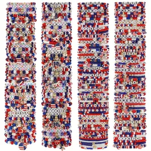 Gift for Her/Him 20/30pcs Fashion Red Blue White Independence Day Polymer Clay Elastic Bracelet Set | with Flag Star Love Pendant, Perfect for Women Men Daily Wear, 4Th of July Holiday Parties Gift-Giving