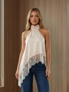 Women's Halter Tank Top, Minimalist Light Polyester Blouse with Open Back and Irregular Lace Hem