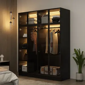FUFU&GAGA Wardrobe Closet Armoire with Glass Doors &  Light, Large Bedroom Armoire Clothes Organizer with Shelve & Hanging Rods, Modern Glass Display Cabine Furniture Storage Organization Interior
