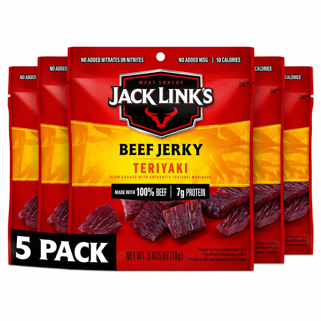 Jack Link's Teriyaki Beef Jerky Multipack - (5 Pack) 0.625 oz Bags - Ready to Eat Real Meat Protein Snacks - 7g Protein per Serving - Made with 100% Real Beef