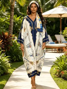 1 Dress+1 headScarf，Navy Nautical Print Kaftan Dress for Women, Plus Size Muslim Abaya with Matching Headscarf, Loose Batwing Sleeve Maxi Caftan, Modest Beach Cover Up, Dubai Style Islamic Robe for Vacation, Eid & Casual Loungewear, Islamic Clothing