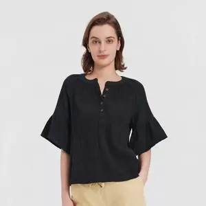 Women's Flounce Short Sleeve Button-Down Collar Blouse - Universal Thread Black XS