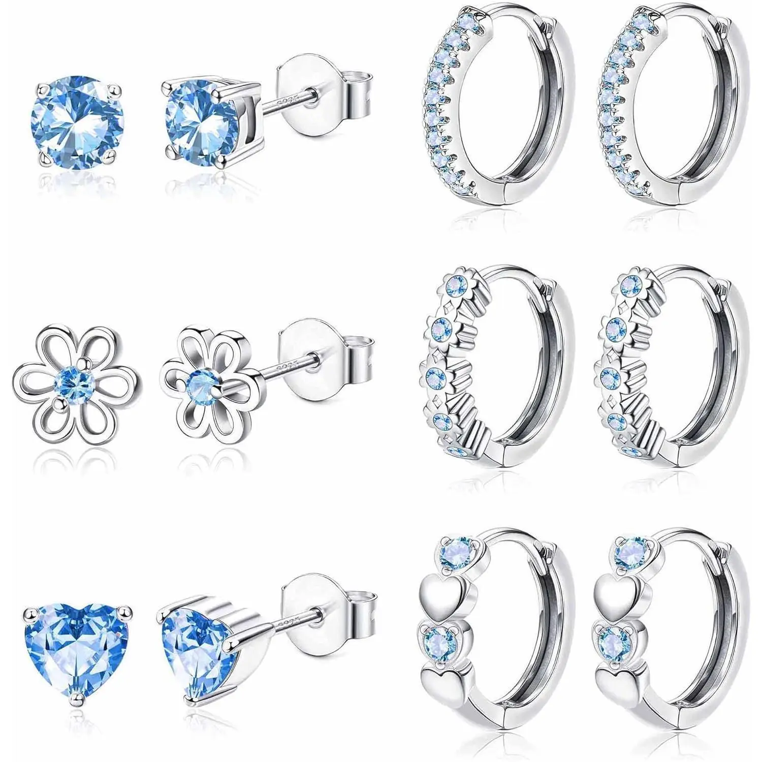 CASSIECA 6Pairs Small Earrings Stack Set for Women 925 Sterling Silver Post Stud and Hoop Earrings Stack Set Hypoallergenic Zirconia Flower Heart Cute Cartilage Earrings Stack for Kids Baby Pink/Purple/Blue, Heart Shaped Earrings SummerVibes