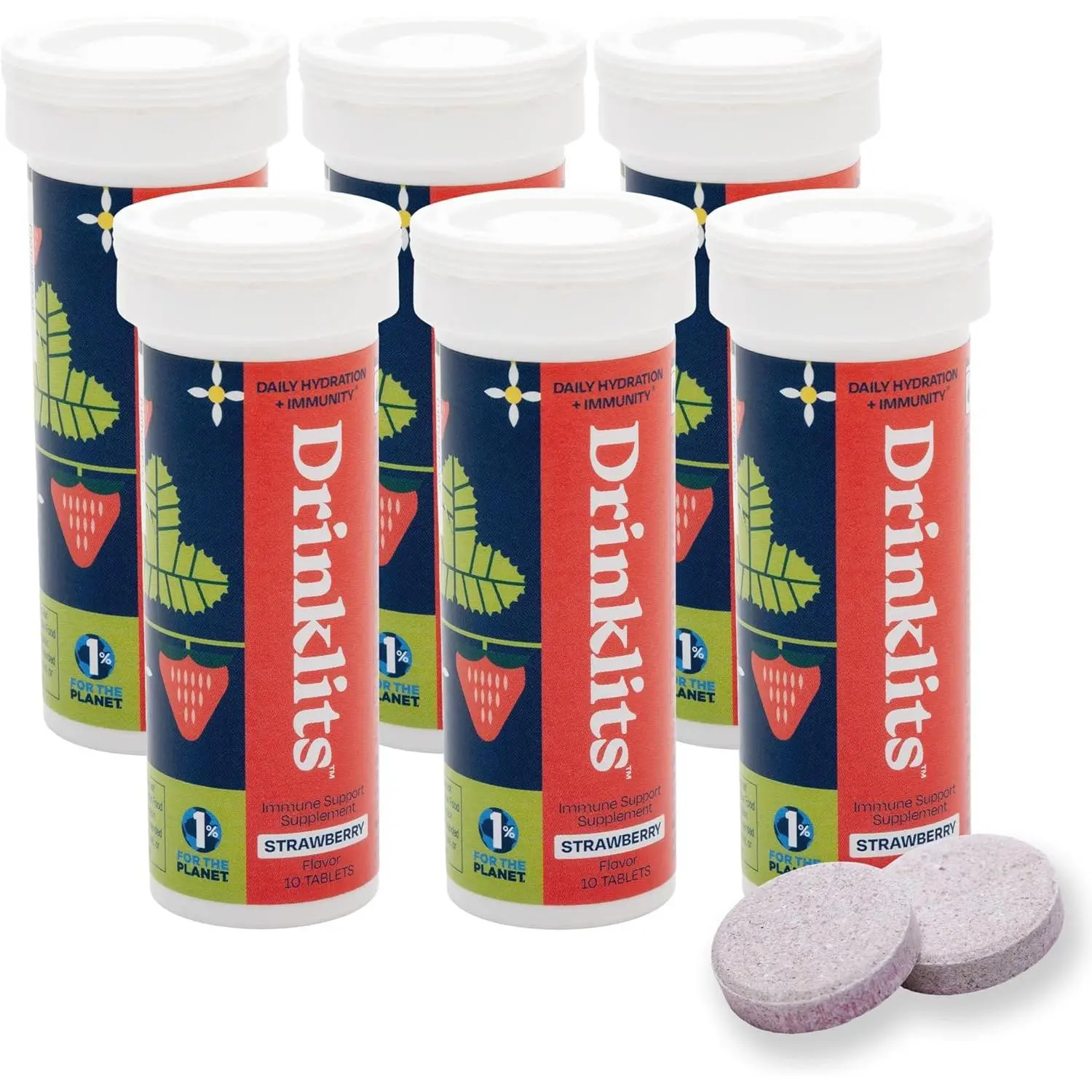 Drinklits Strawberry Immune Support Tablets (6) Tube Bundle | Daily Immunity - 0g Sugar - Vitamins - Electrolytes - Herbal Blend | 60 Servings – 10 Tablets per Tube