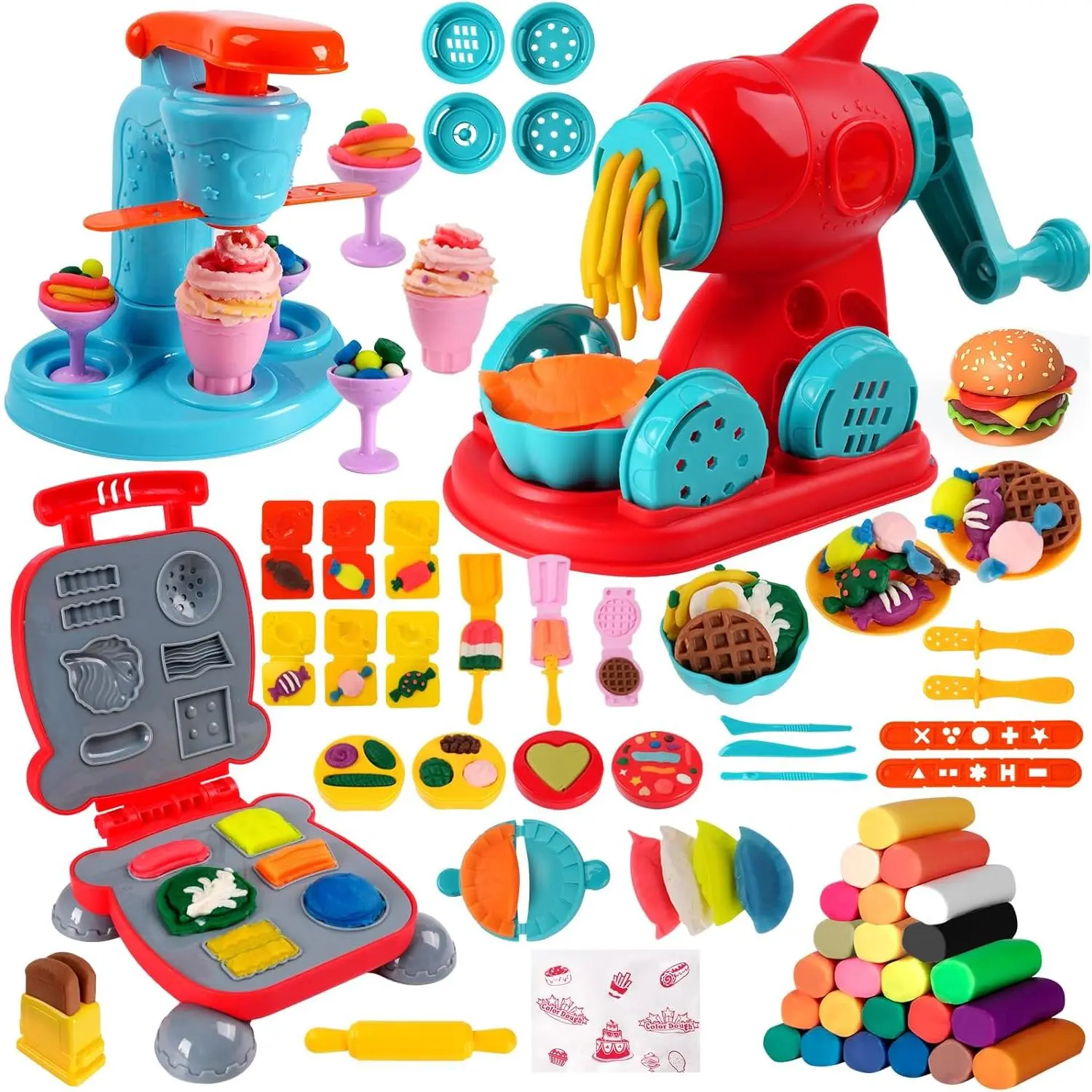 3-in-1 Colorful Kitchen Creations Set, 24-Color Kids' Playset with Food Modeling Tools, Dough Blocks, Bread Maker Machine, Ice Cream Noodle Hamburger Makers, Fine Motor Skills Educational Art Crafts Toys for 3-8 Year Olds