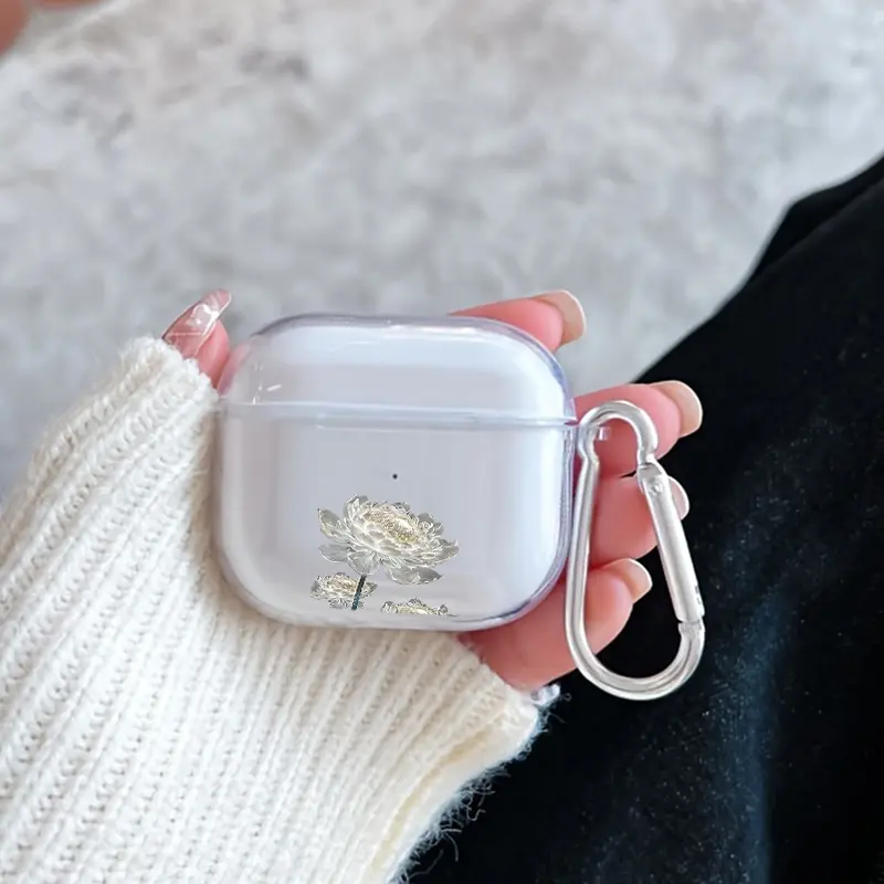 Transparent Lotus Pattern Protective Case for AirPods 4/3/2/1/Pro/Pro2 Soft TPU Earphone Cover, Transparent with Keychain