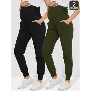 Maternity Solid Color Ruched Pocket High Waist Pants, Casual Comfy Maternity Trousers for Fall & Winter, Two Piece Set, Maternity Bottoms for Pregnant Women, Maternity Clothing