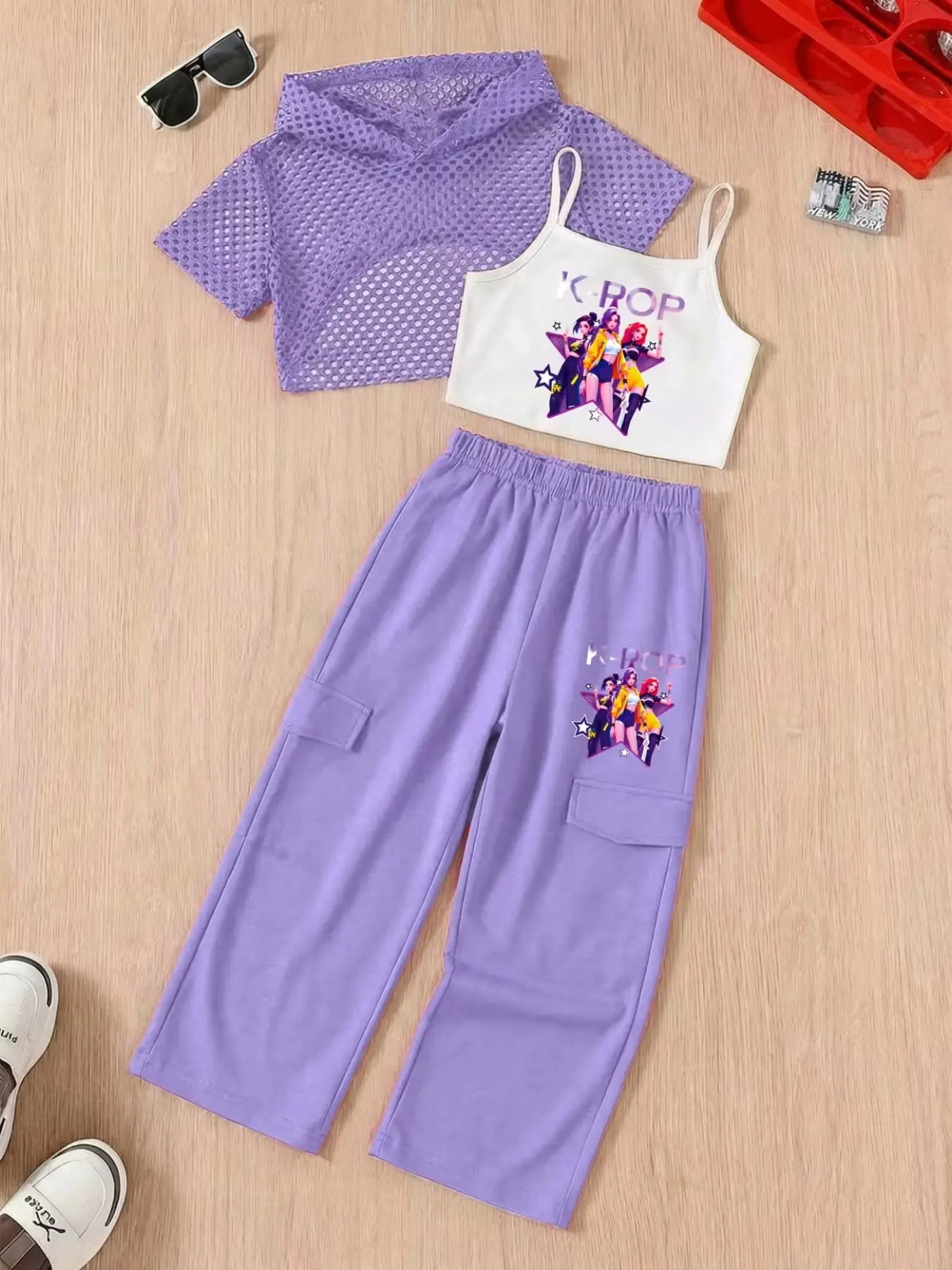 Girls' 3-Piece Fashion Set, Hooded Mesh Top + Strapless Tank Top + Sporty Pants, Cartoon Print, Perfect for Outdoor Activities, Summer Outfits Set