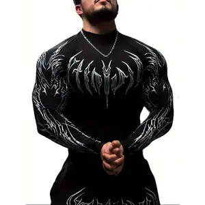 Men'S Gym Wear Compression Long Sleeve Shirt - High Neck Muscle Fitness Tee with Geometric Print, Contrast Design, Stretchy & Slim Fit for Gym, Running, Sports Apparel, Athletic Compression Shirts| Athletic Shirt