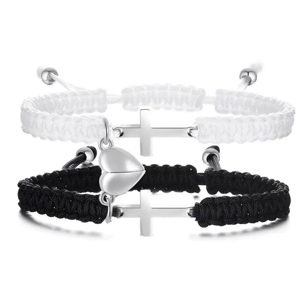 2-Piece Adjustable Red & Black Braided Rope Promise Bracelets, Magnetic Heart Christian Cross Jewelry for Boyfriend & Girlfriend, Ideal Gift for Valentine's Day & Christian Baptism