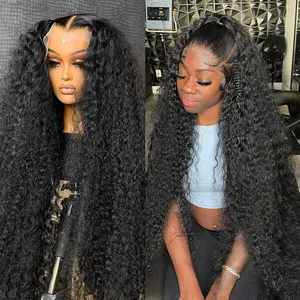 40 38Inch Deep Wave 13x6 Lace Front Wigs Drawstring Glueless Wig Human Hair 180 Density 13x4 HD Lace Frontal Wigs Human Hair Pre Plucked Deep Curly Glueless Wigs Human Hair for Women Natural Black