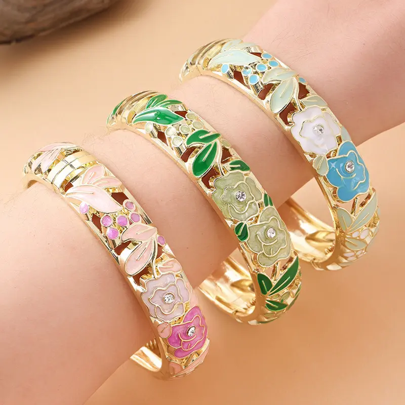 Oriental Hollow Cloisonne Enamel Rose Bangle Bracelet for Women, Gold Plated Colorful Floral Hinged Cuff, Vintage Chinese Style Statement Wrist Jewelry