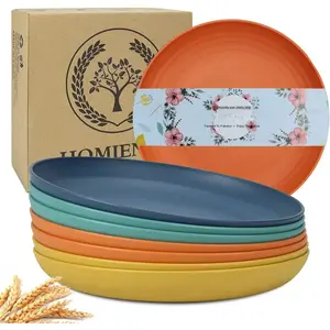 Deep Dinner Plates Set of 8 Alternative for Plastic Plates Microwave and Dishwasher Safe Wheat Straw Plates for Kitchen Unbreakable Kids Plate Set with  (Classic Bright, 9 inch)