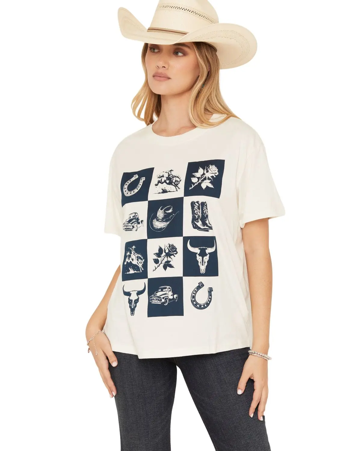 Shyanne Women's Women'S Western Checkerboard Short Sleeve Graphic Tee - Swsp25k98-Nvy