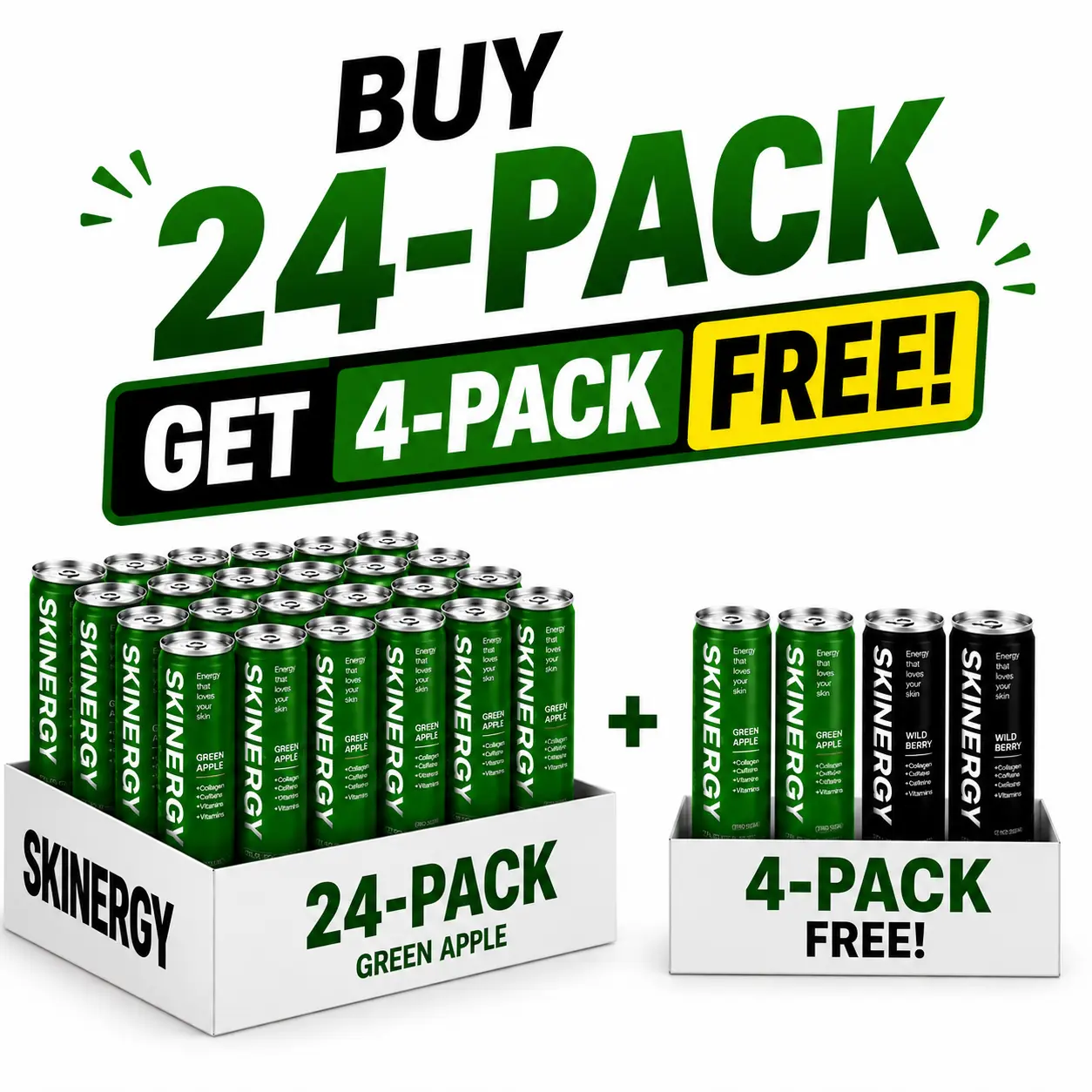 Skinergy Collagen Energy Drink | Zero Sugar | Green Apple & Wild Berry Flavors | 4, 12, 24 & 48 Pack Options | Buy 24-Pack Get Extra 4-Pack | FreeEnergy Beverage