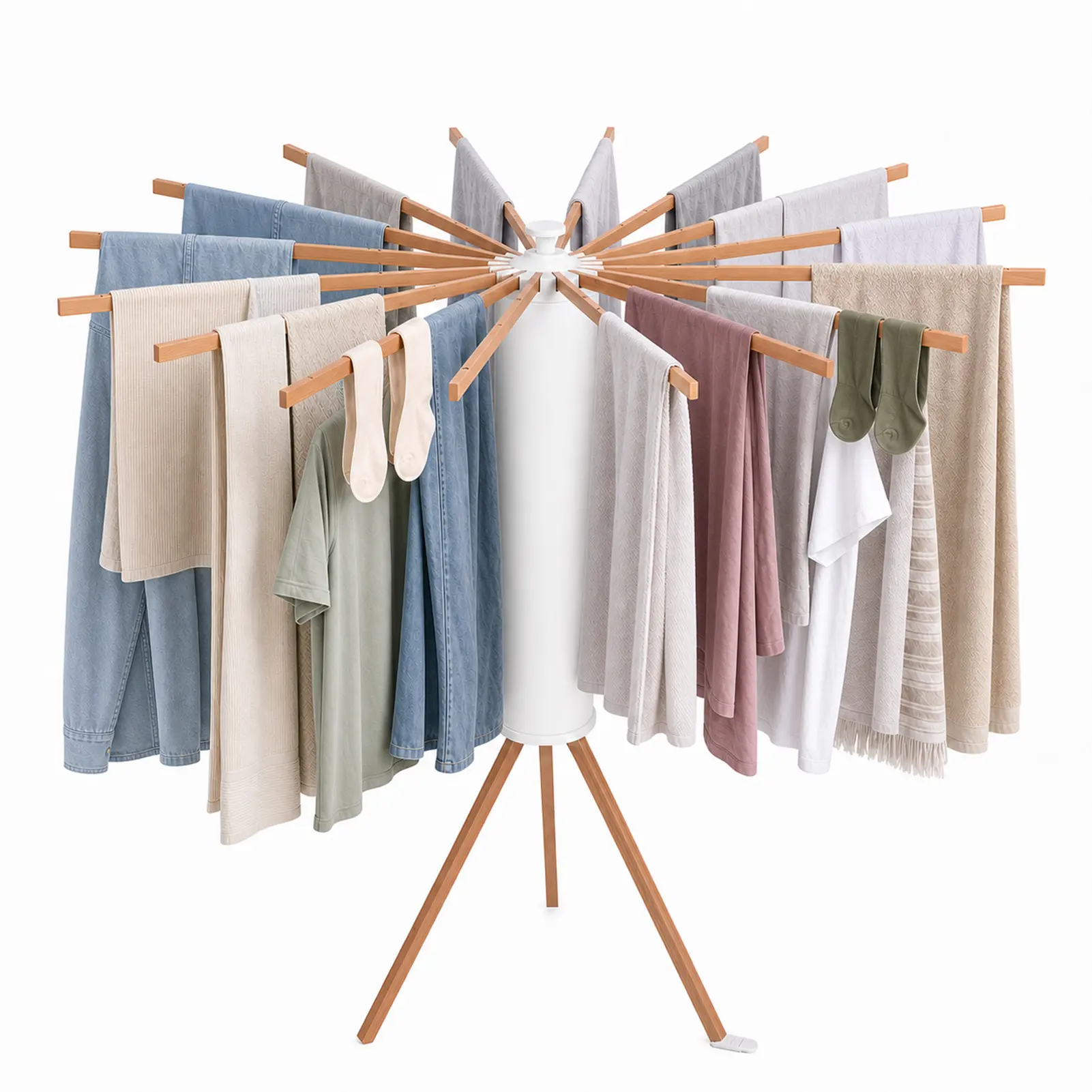 Compact Foldable Rotary Tripod Clothes Drying Rack with 16 Wooden Arms, Portable Floor-Standing Garment Rack for Laundry Room, Balcony, Rotary Rack
