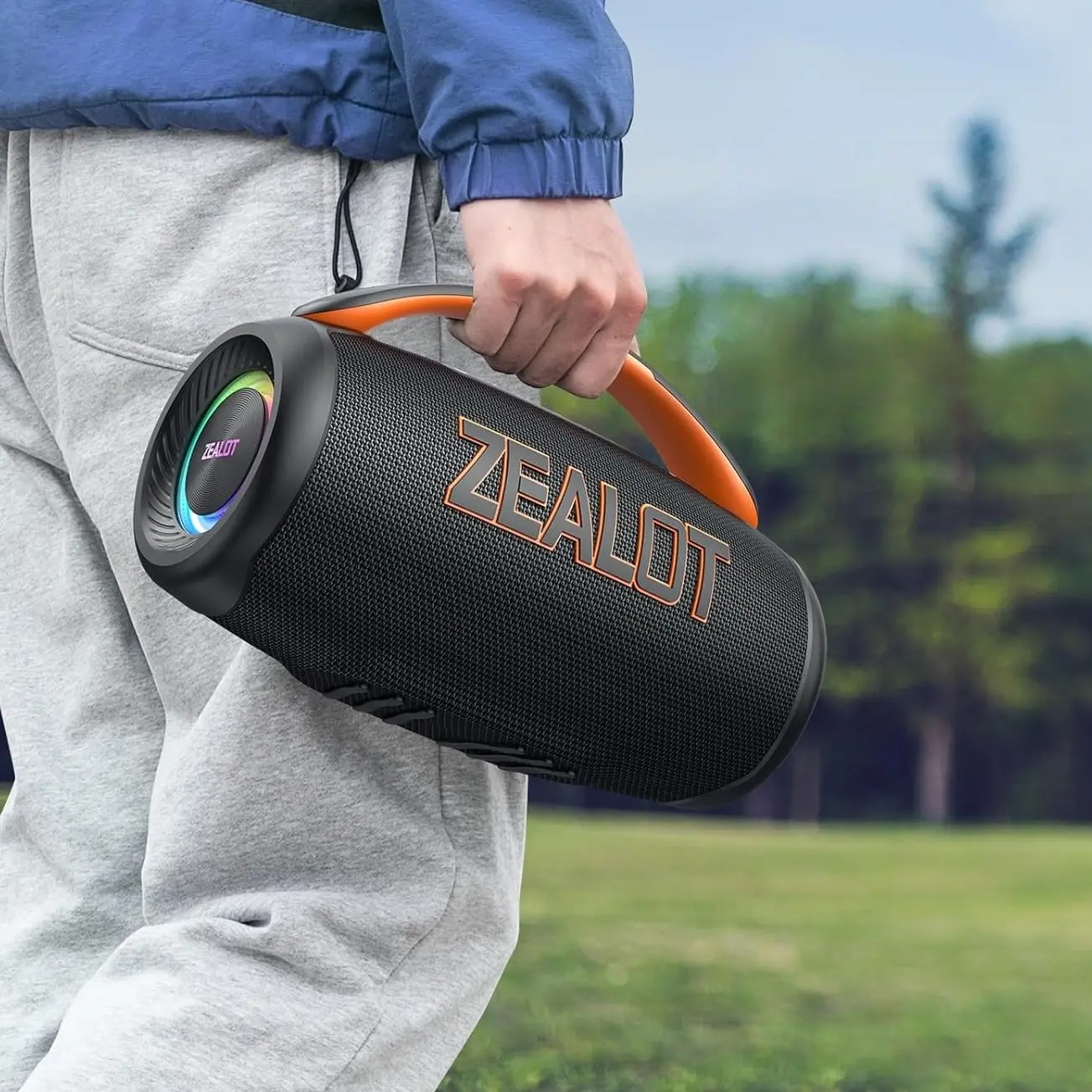 ZEALOT 60W Outdoor Bluetooth, IPX6 Waterproof Subwoofer, DSP Chip for HIFI Sound, RGB Light, 8000mAh Long Battery, BT5.3 & Wireless Pairing for Home/Camping Weatherproof Loudspeaker System
