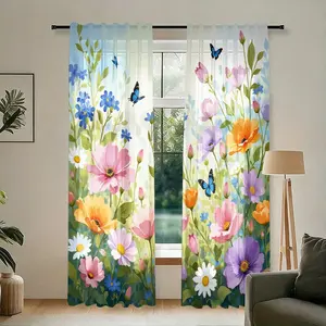 2 pieces of high-definition digital fresh flower and butterfly printed decorative curtains, made of polyester material, hung by rod bag, semi-transparent for privacy protection, suitable for daily decoration in bedrooms, living rooms, offices, etc.