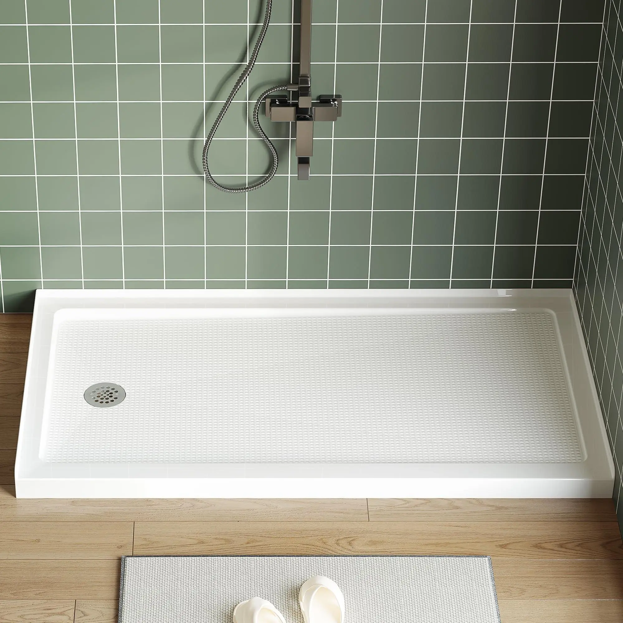 GAOMON 60" x 32" Shower Base with Left Drain – Non-Slip Shower Pan in White. Includes 304 Stainless Steel Square Drain Cover and Single Threshold for Easy Installation. Complete Bathroom Shower Tray Kit